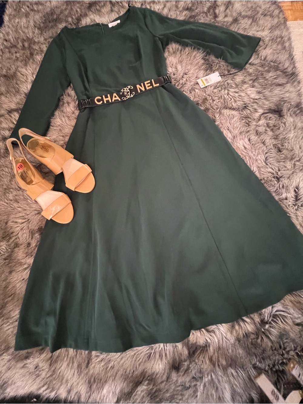 Calvin Klein Forest Green Long Sleeve A-Line Dress